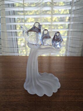 VTG Clear Hand Blown Art Glass Perched 3 Birds Figurine 5.75"